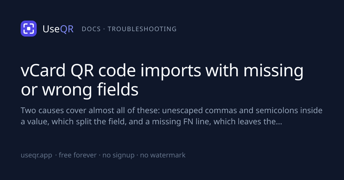 vCard QR code imports with missing or wrong fields · UseQR